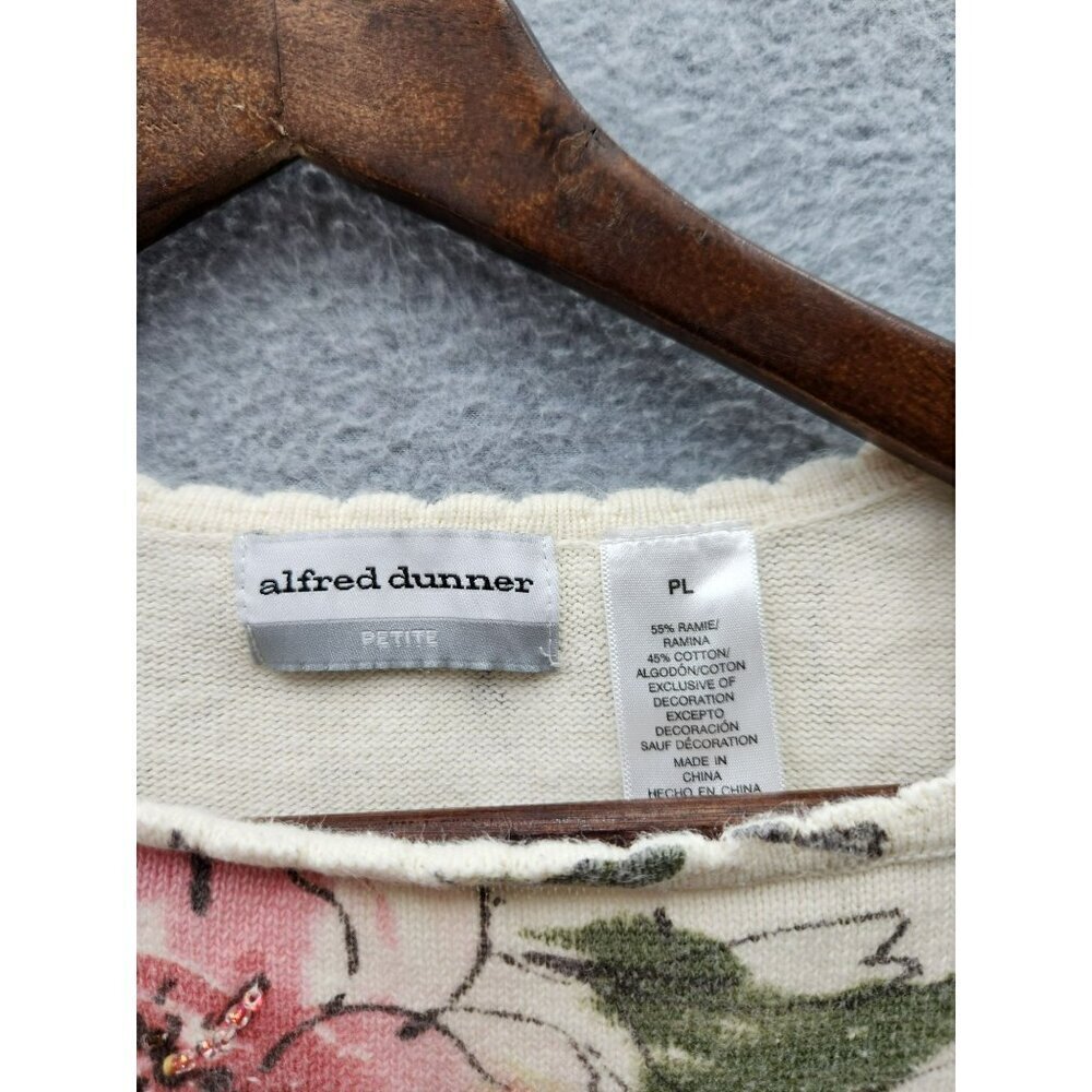 Alfred Dunner Petite Floral Knit Sweater PL Cream Short Sleeve Beaded 55% Ramie - Picture 2 of 6